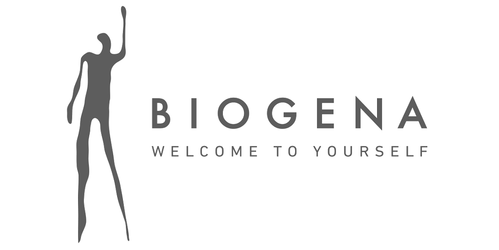 Biogena Logo mit stilisierter, grauer menschlicher Silhouette und dem Schriftzug Welcome to yourself.
